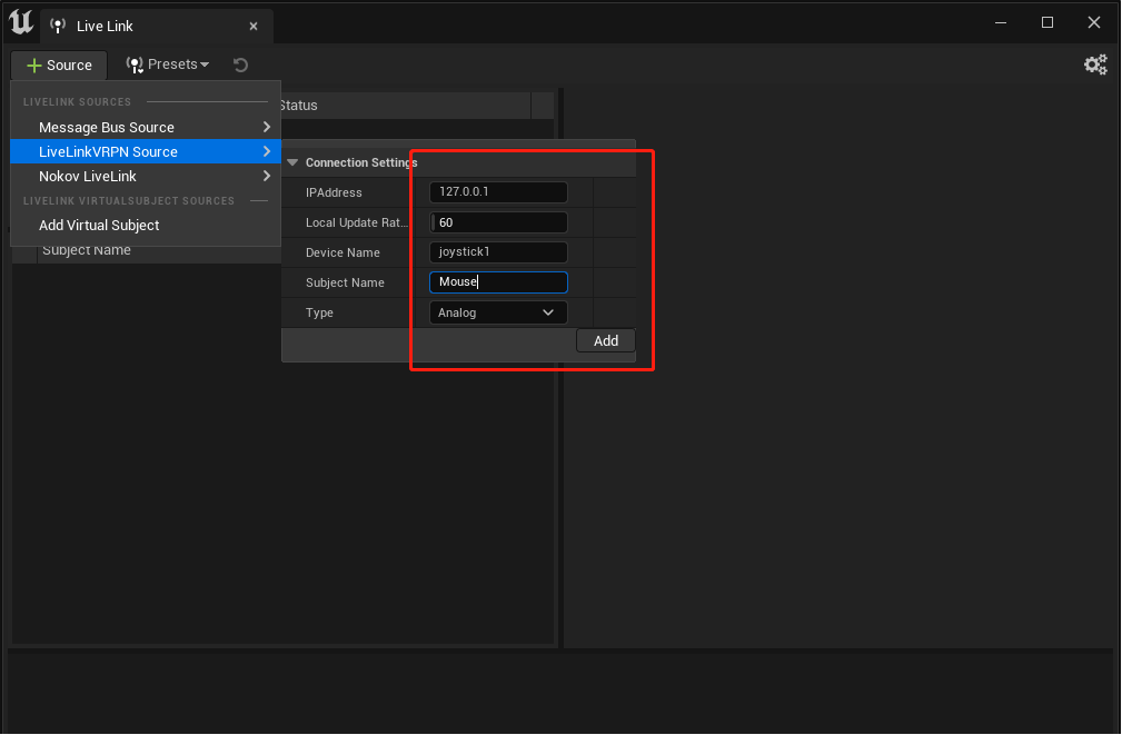 LiveLinkVRPN Source Setting